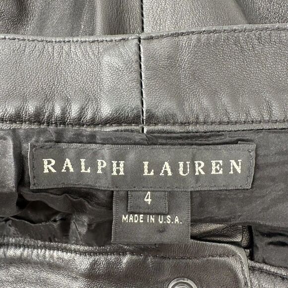 Ralph Lauren Lamb Skin Pants Leather Black Size 4 Black Label Straight Leg Chic - Picture 9 of 12
